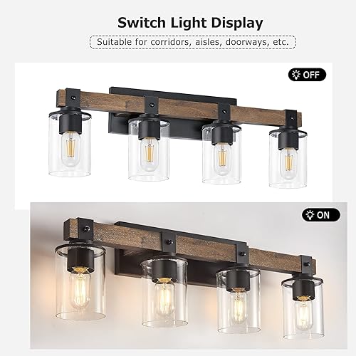 Miniatura 3 de DUJAHMLAND Lámpara de tocador de granja, aplique industrial de madera de 4 luces, iluminación de tocador de baño con pantalla de luces de vidrio