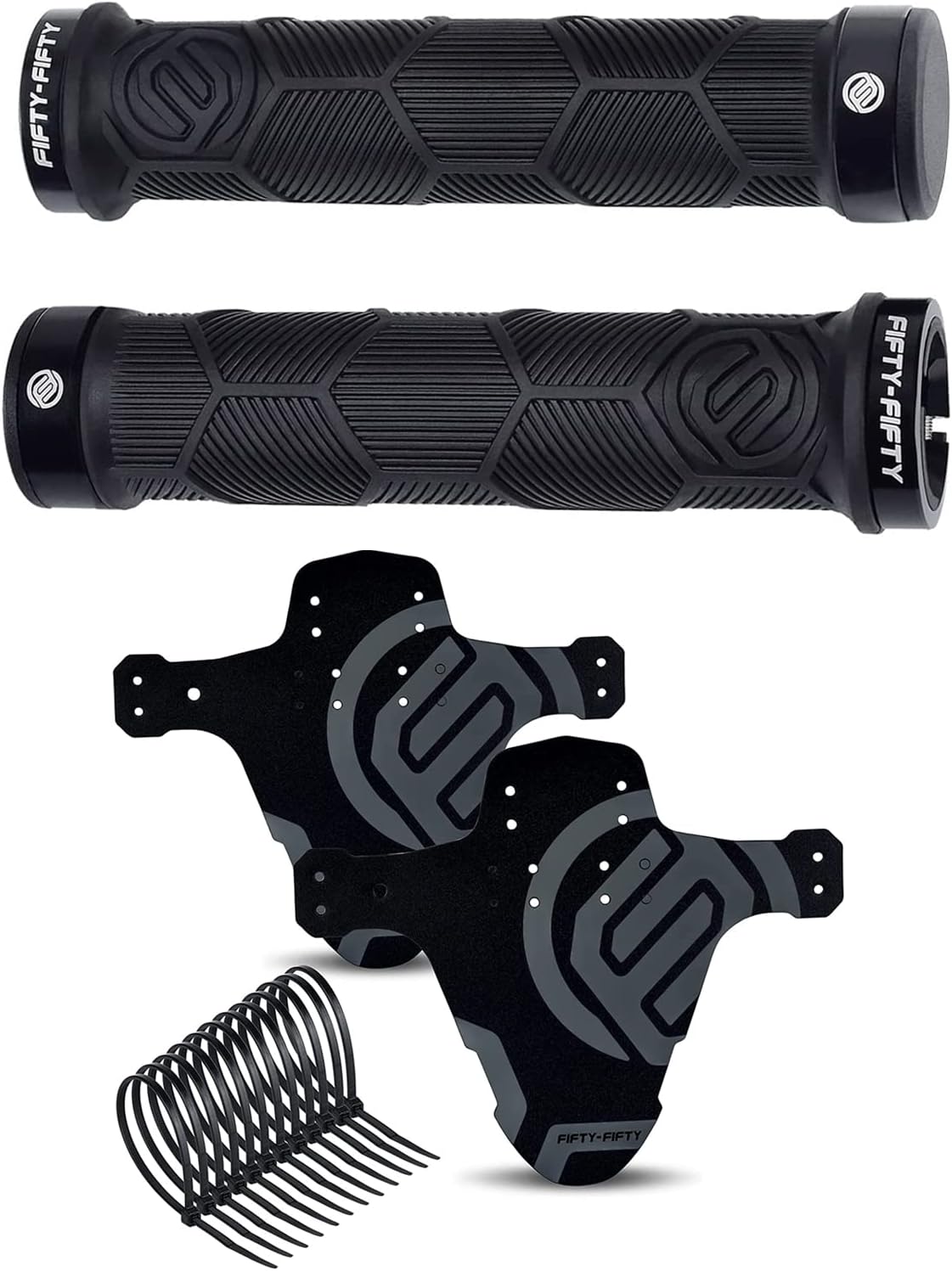 FIFTY-FIFTY Double Lock-On Mountain Bike Grips, Bicycle Handlebar Locking Grips, Mountain Bike Fender, MTB Mudguard, Front and Rear Compatible Bicycle Mudguard