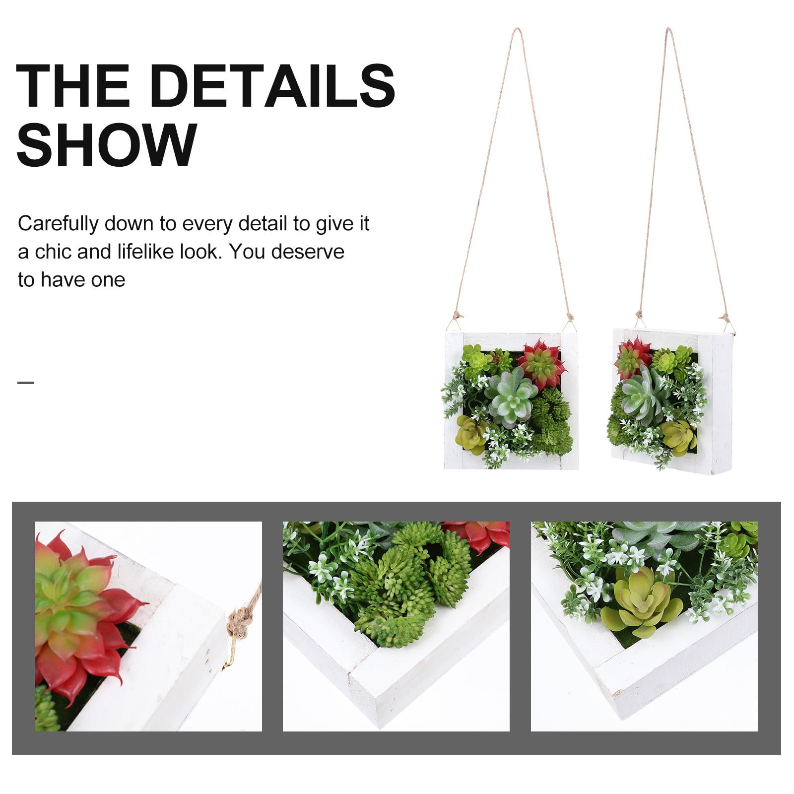 Cadre Suspendu avec Plantes Succulentes Artificielles en Plastique et Bois, Décoration Murale Intérieure Solide et Facile d'entretien pour Maison et Bureau