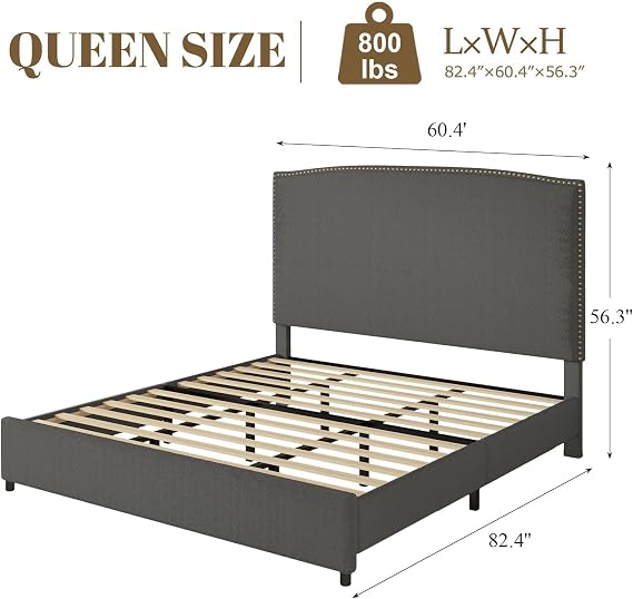 BarnFurin Queen Size Chenille Bed Frame with 56 Tall Headboard, Grey | Upholstered Platform Bed with Nailhead Trim Headboard, Soft Boucle Fabric, No Box Spring Required, Easy Assembly, Grey