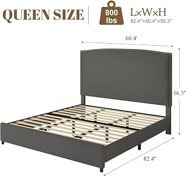 BarnFurin Queen Size Chenille Bed Frame with 56 Tall Headboard, Grey | Upholstered Platform Bed with Nailhead Trim Headboard, Soft Boucle Fabric, No Box Spring Required, Easy Assembly, Grey