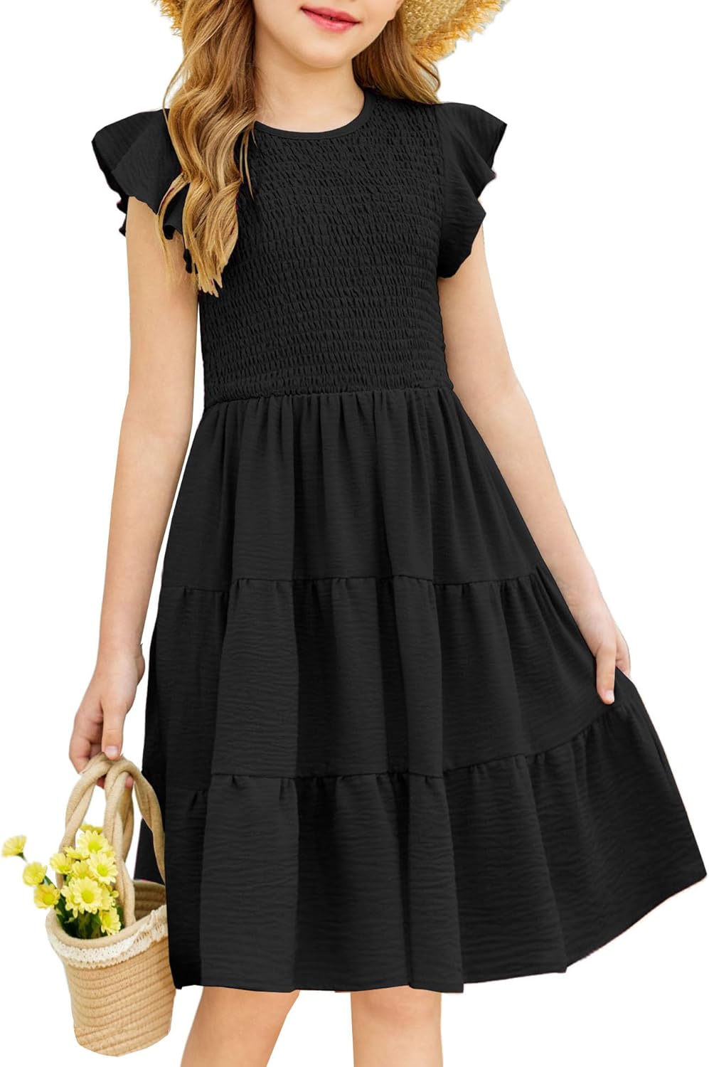 Arshiner Girls Summer Flutter Short Sleeve Sundress Smocked Elastic Waist Tiered Midi Dress with Pockets