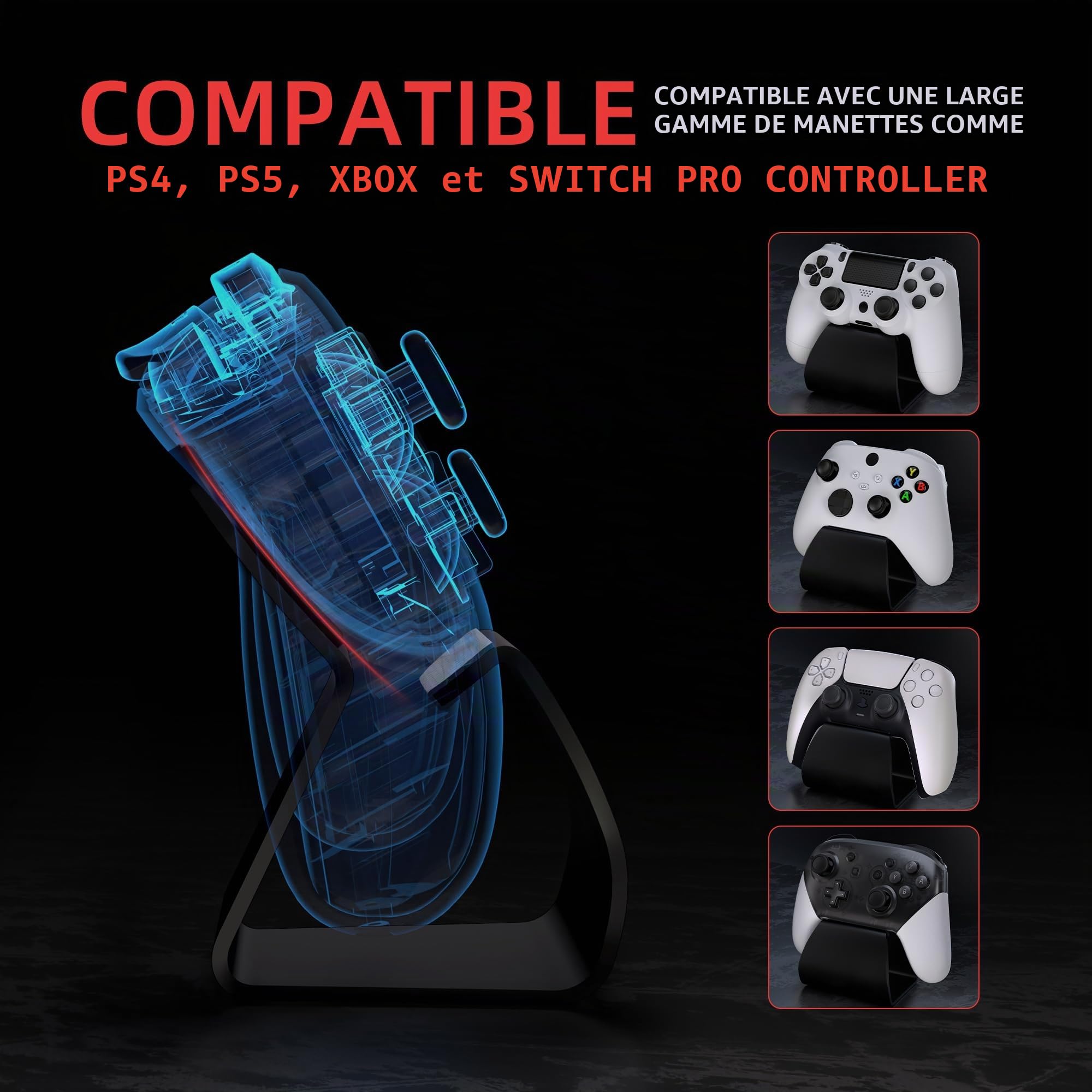 playvital Support pour ps5,Porte Manette pour ps4 Socle pour Xbox Series/One X S,Stand-AL Controller Holder Métal pour Switch Pro avec Caoutchouc Antidérapant-Noir(2PCS)