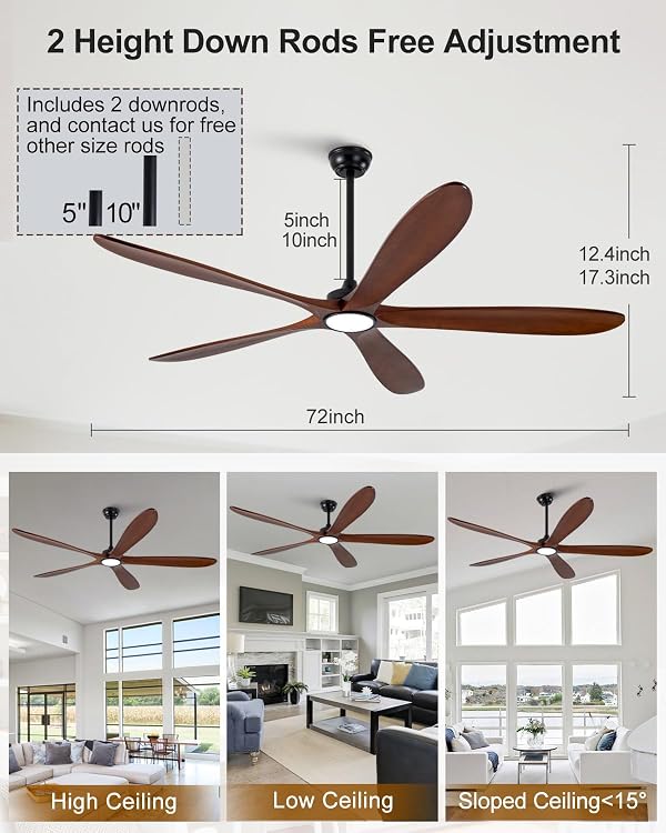 BOJUE 72 Inch Wood Ceiling Fans with Lights and Remote Control, Indoor Outdoor Modern Black Ceiling Fan with Light for Living Room, Farmhouse, 5 Blades, Dimmable, Reversible DC Motor, Memory Function by BOJUE - Used condition - Image 6