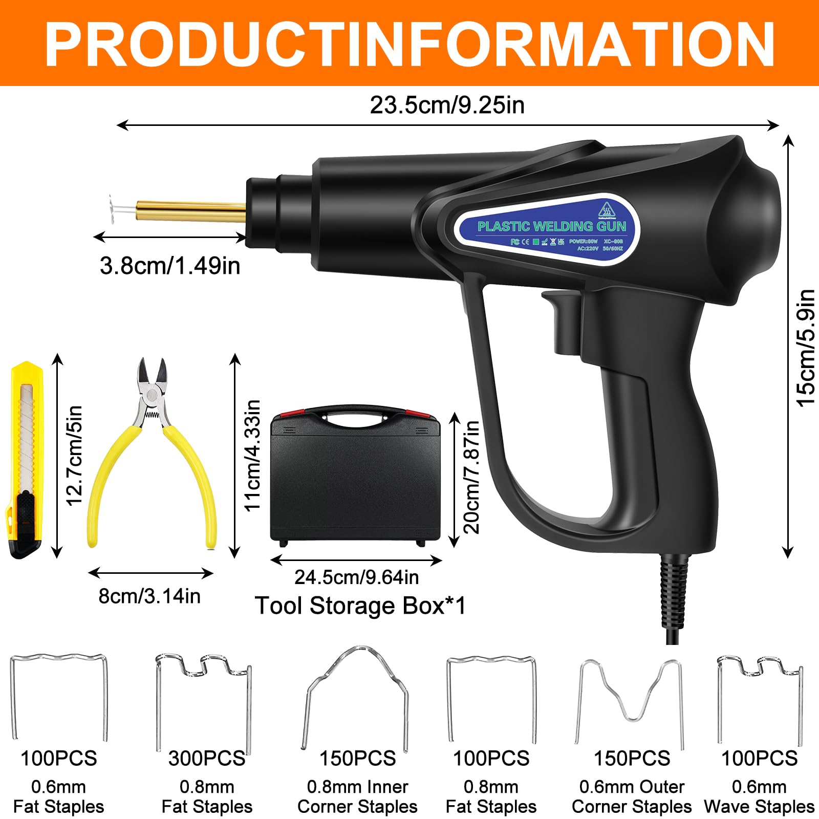 UCAMP Soudage Plastique,Soudure Plastique 80W,Kit Reparation Plastique avec 6 types de chevilles à souder 900 pièces,Soudeuse Plastique pour pare - chocs/pièces automobiles/Kayak/canoë