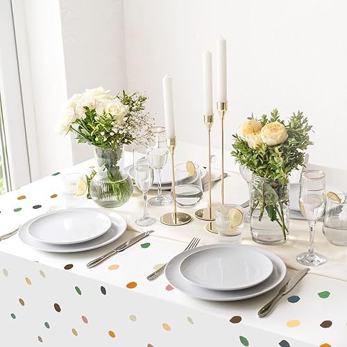 Miniatura 4 de Mantel de 3 piezas con diseño de lunares pintados estilo bohemio para baby shower, mantel desechable de lunares color crema, cubierta de mesa de