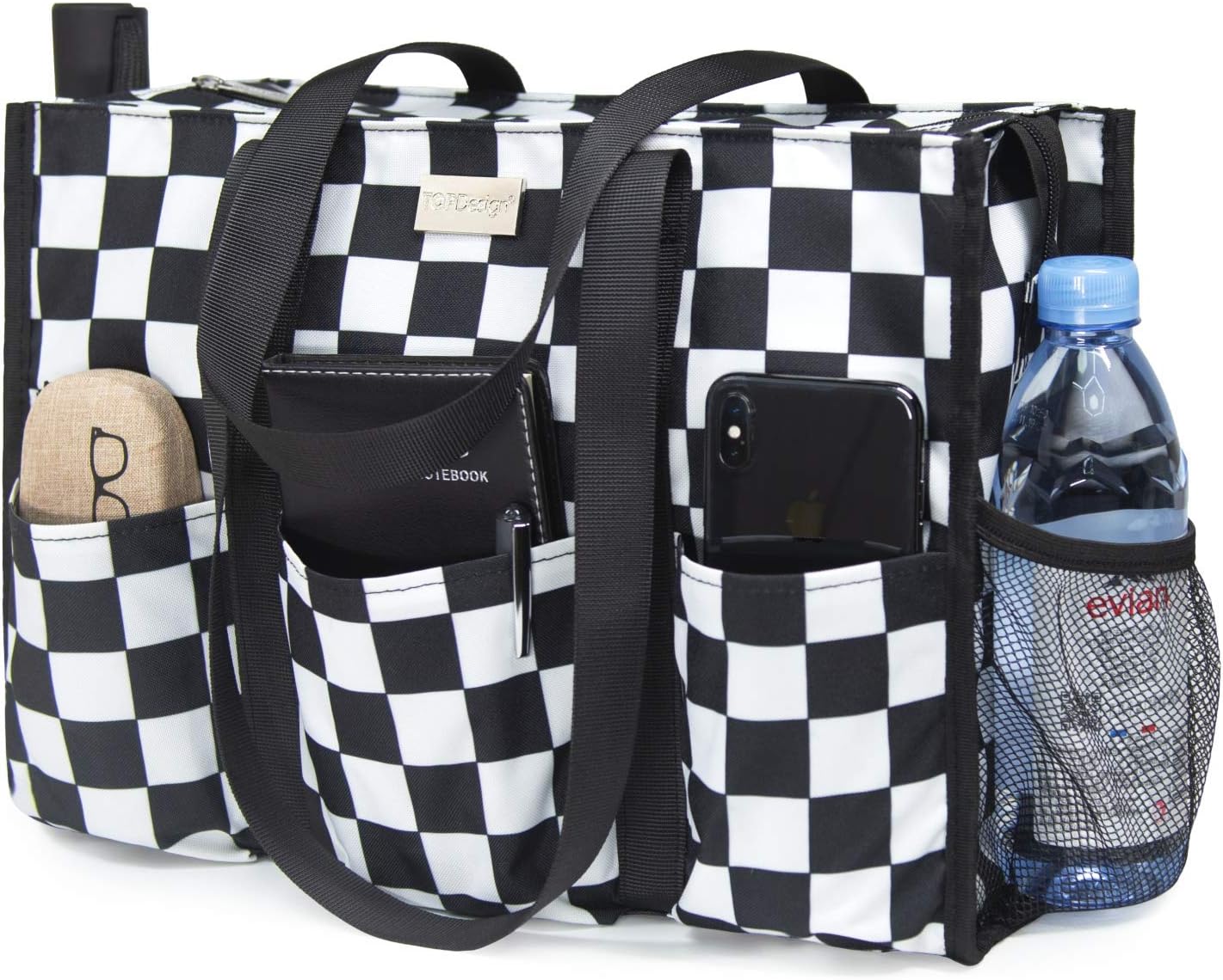 TOPDesign Utility Water Resistant Tote Bag with 13 Pockets, Top Zipper Closure & Thick Bottom Support, for Working Women