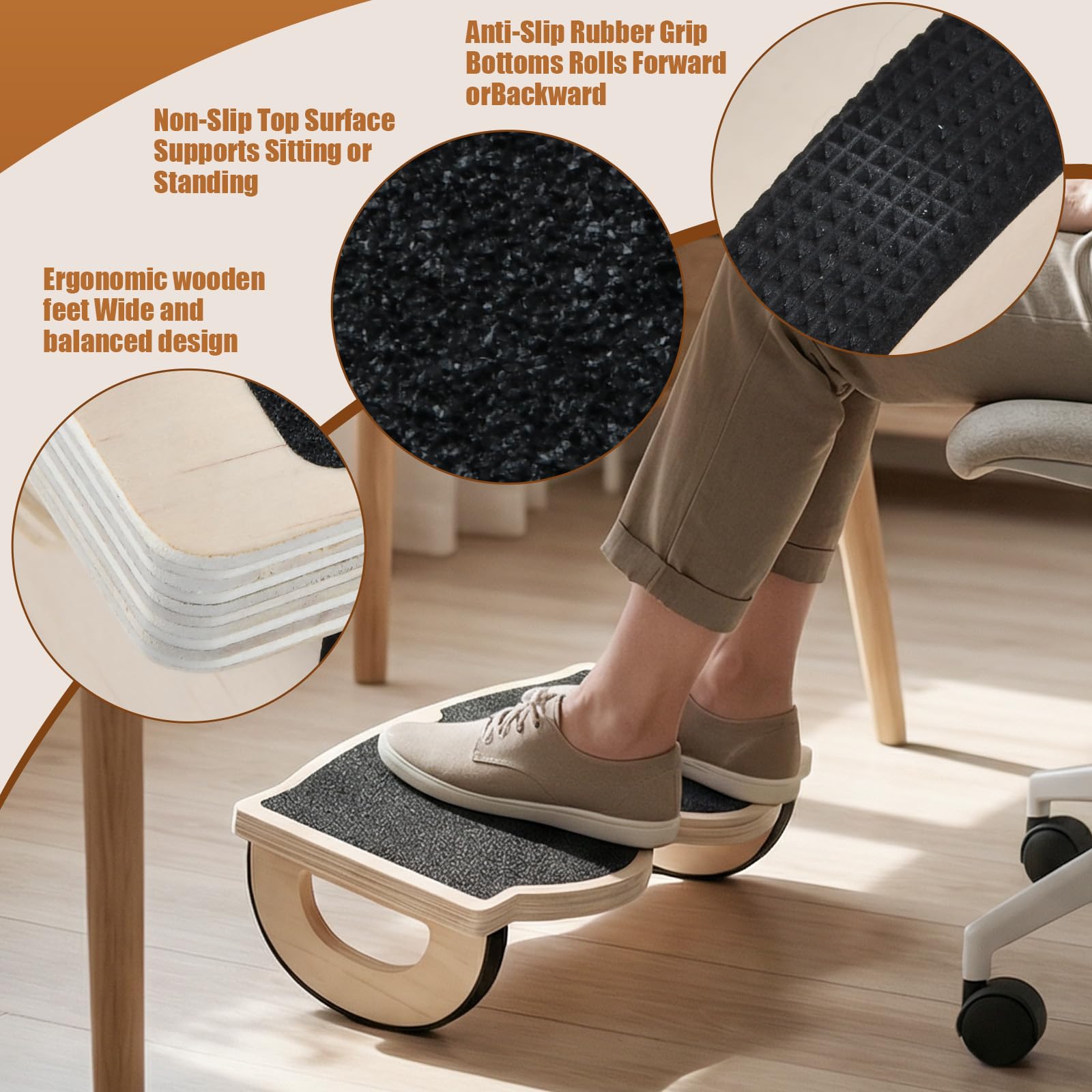 Poggiapiedi da Scrivania in Legno, Poggiapiedi da Ufficio con Superficie Antiscivolo, Footrest under Desk, Rocker Balance Board, Migliora la Postura e la Circolazione Sanguigna