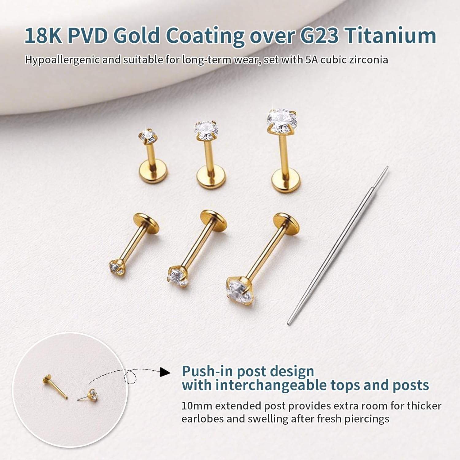 G23 Titanium Flat Back Stud Earrings, 18G 6/8/10mm Threadless CZ Helix Tragus Conch Cartilage Labret Lip Piercing Jewelry, 3 Pairs Hypoallergenic for Women - Image 4