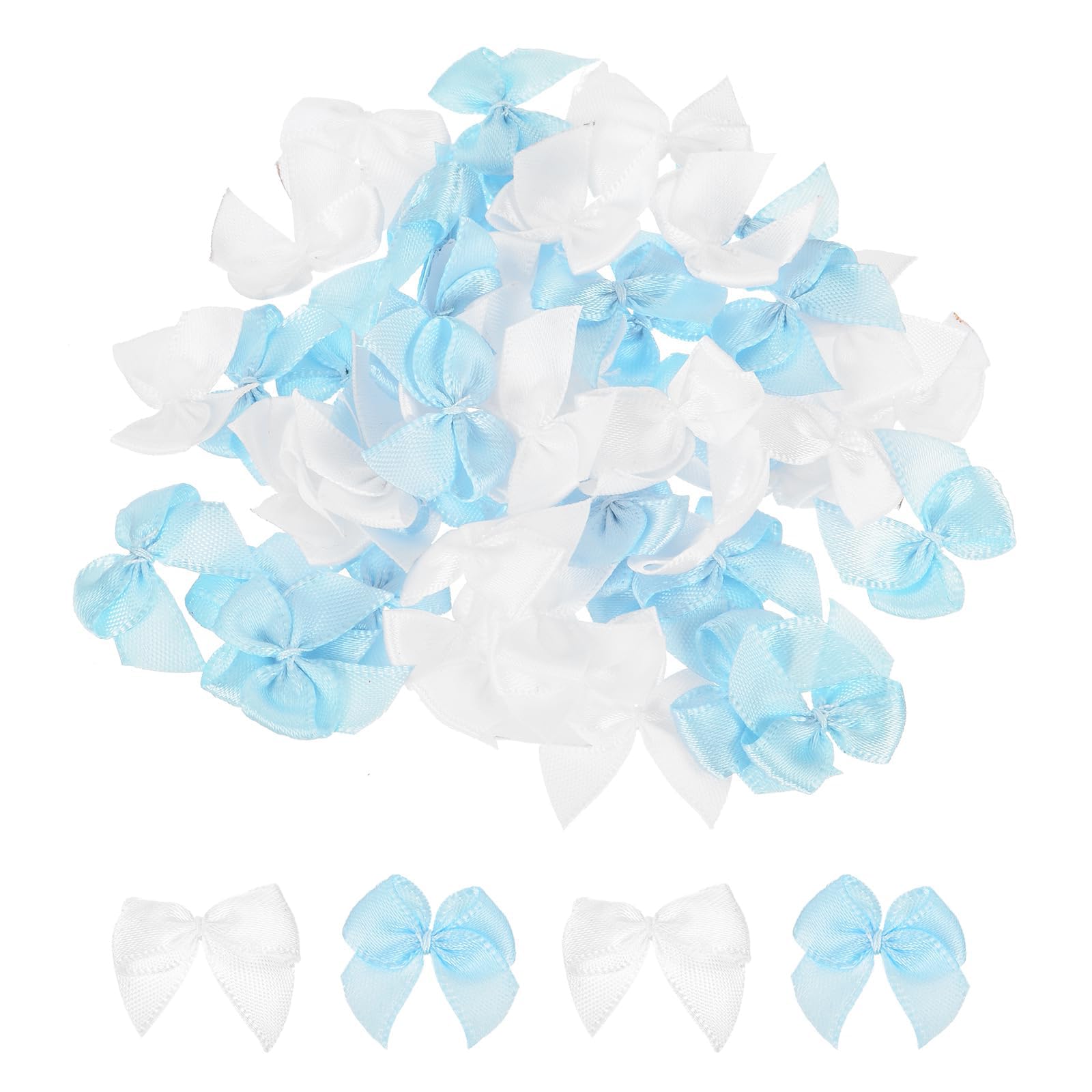 TA-VIGOR 100pcs 1 Inch Mini Satin Ribbon Bows, Fabric Flower Embellishments Gift Wrapping Bow Ribbon for DIY Crafts, Wedding, Hair Clips, Gift Decoration, Sewing Appliques, White/Blue