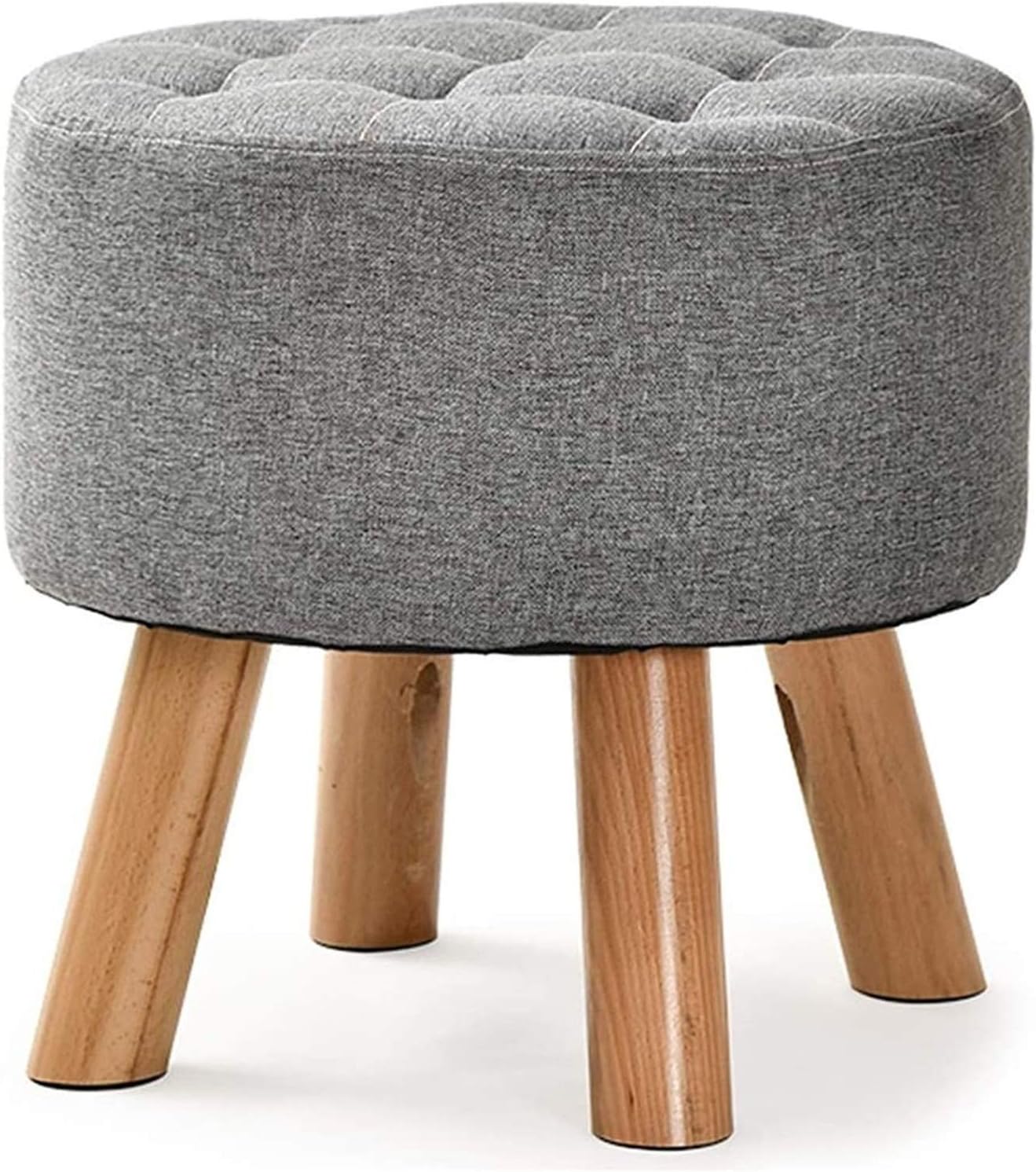 Round Footstool Footrest Chair Stool 4 Wooden Beech Legs Upholstered with Linen Fabric Cover (Grey) (Color : A)