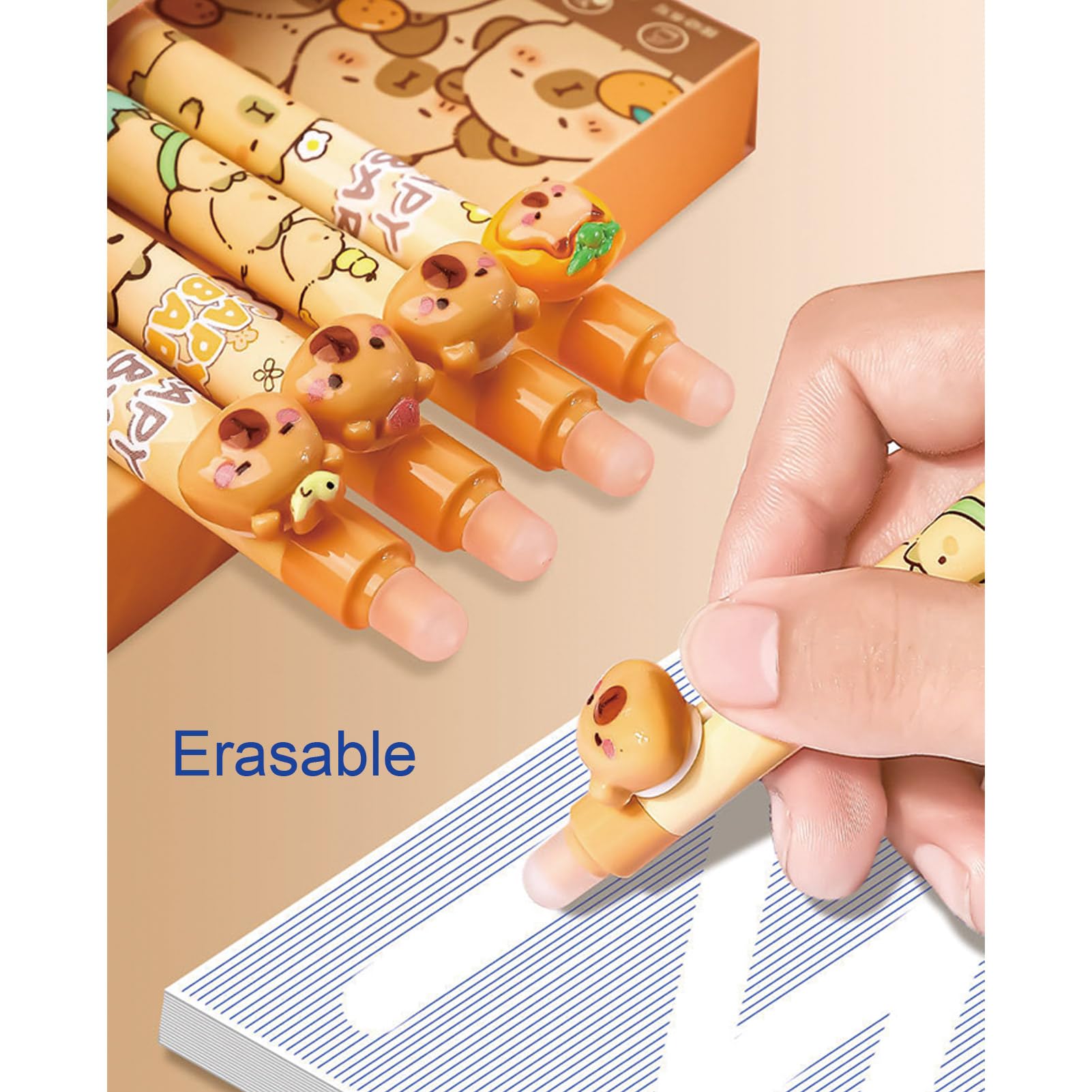 MOZXIRZ 4 penne gel cancellabili retrattili, a forma di capybara, punta fine da 0,5 mm, inchiostro blu, scrittura liscia, per donne, ragazze, ragazzi, ufficio e scuola (inchiostro blu capibara)