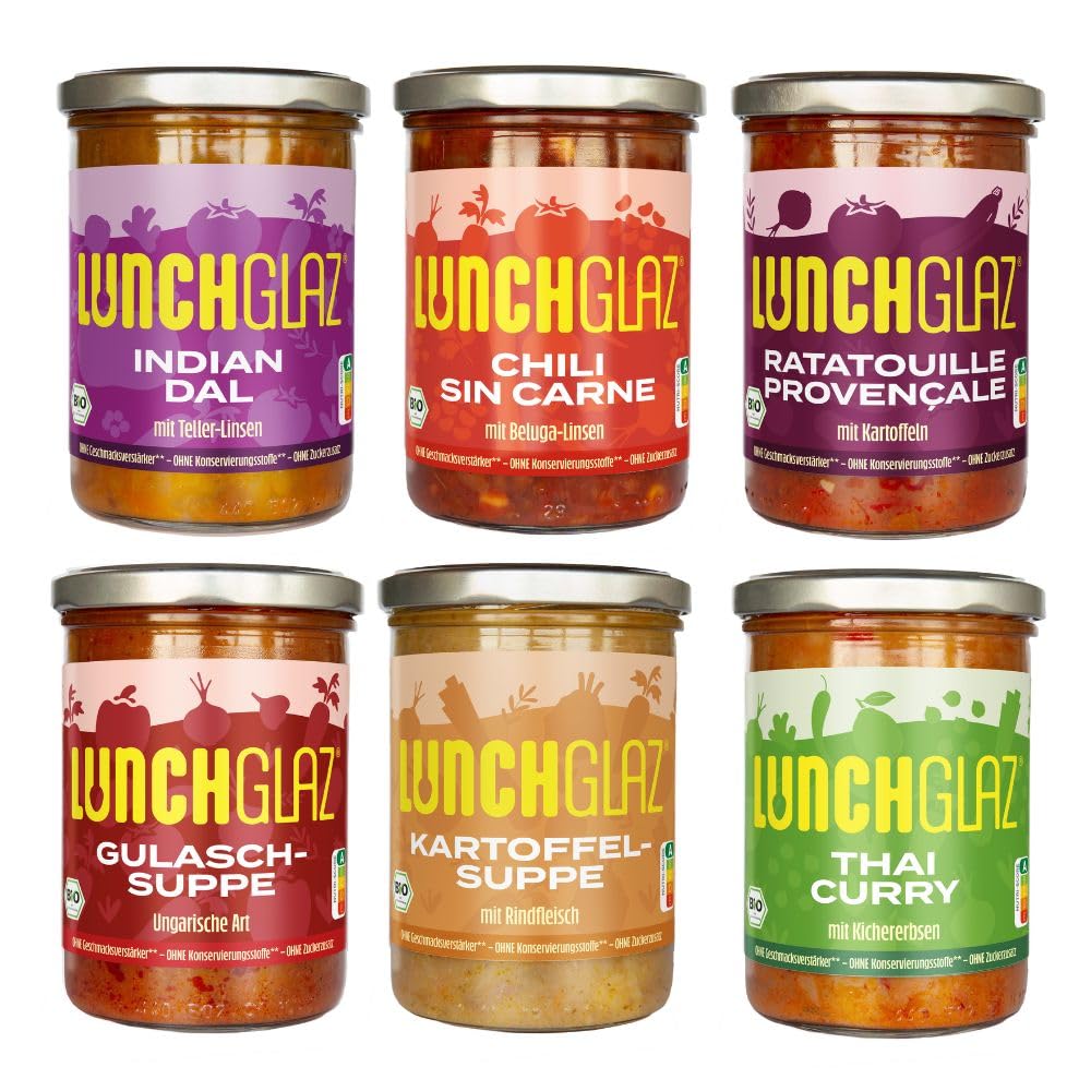 Lunchglaz Organic Ready Meals in Glass Tasting Box 6 x 390 g 100% Organic No Added Sugar No Flavour Enhancer No Preservatives Grocery