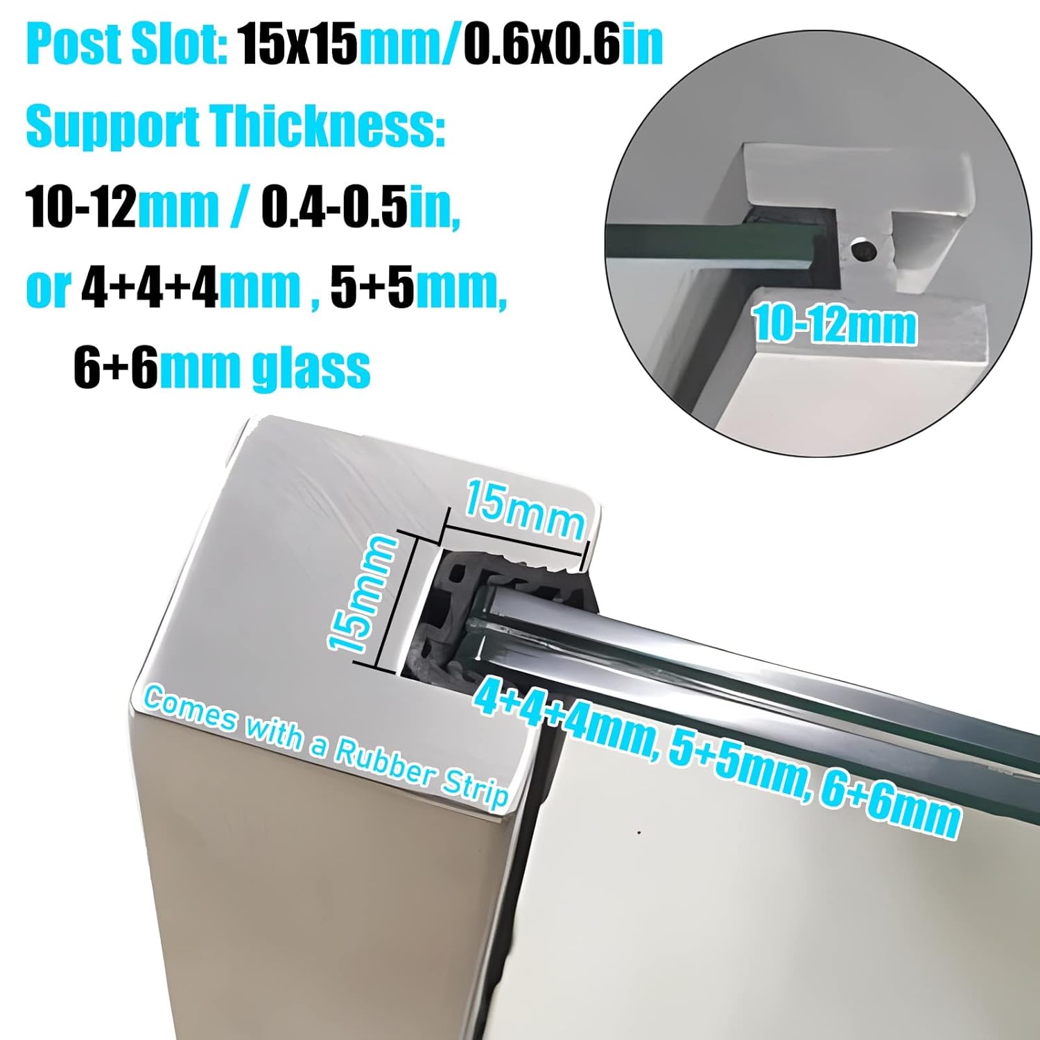 LZMZMQ 65 75 85 95 105 115 125 135 145 155 cm Stair Landing Banister for 10-12mm Panels Glass, Silver Square Middle Post Corner Post End Post Base Rail, Guardrail Glass Standoff Clamps