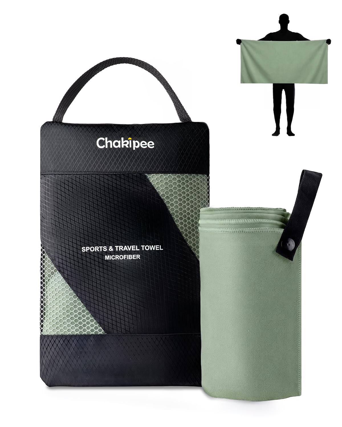 Chakipee Quick Dry Microfibre Towels Travel & Camping Microfiber Towel. Fast Drying, Super Absorbent & Ultra Compact for Travel, gym, sports, camping, Beach & hiking, 1 Pack, 120 x 60cm, Army Green