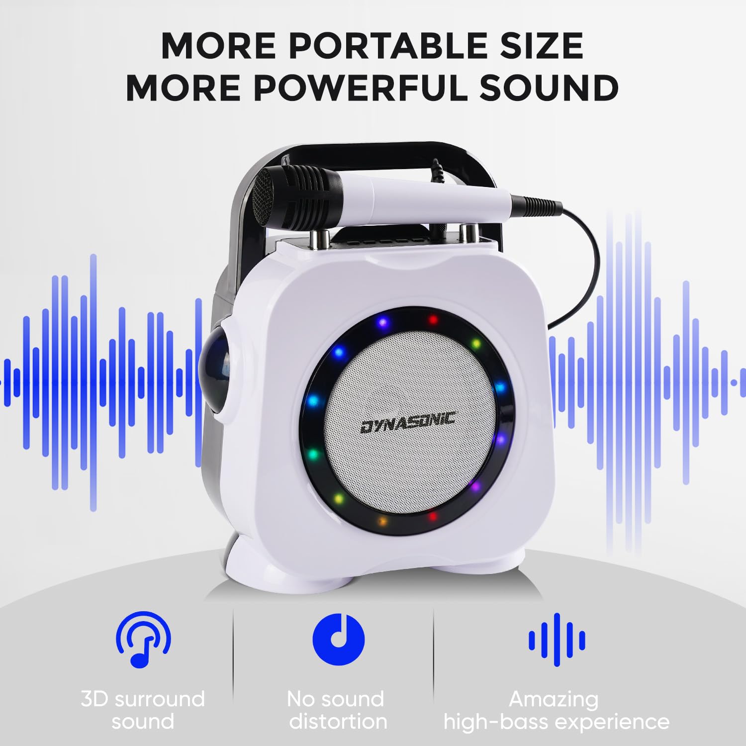 DYNASONIC Cassa Bluetooth senza fili con luci LED. Macchina per karaoke portatile con due microfoni. Regalo originale. Altoparlante (Dk-201 nero)