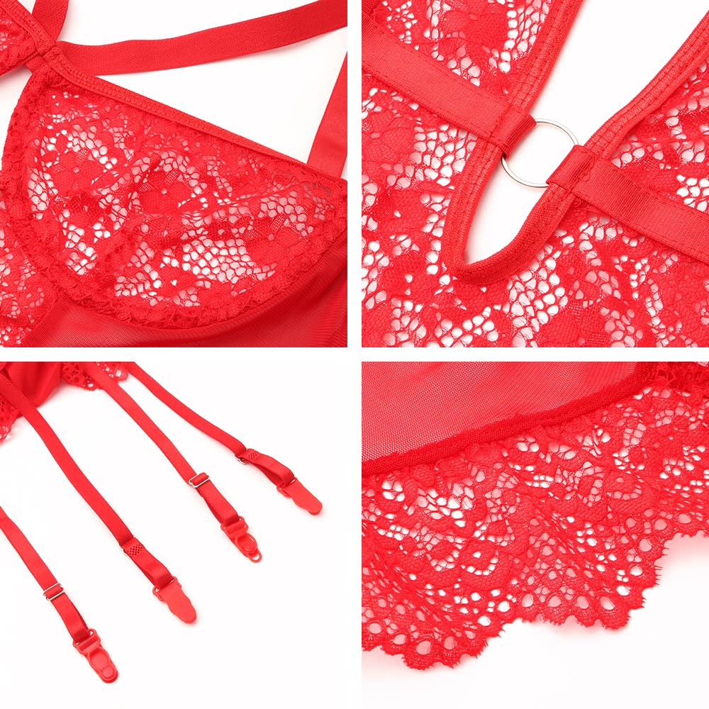 Conjuntos de lencería de Malla para Mujer con Liguero Ancho, Body con Aros Push up, Talla única, Babydolls de Peluche con Tiras de Encaje Floral Sexy, Conjunto de Ropa Interior con puños en el Muslo