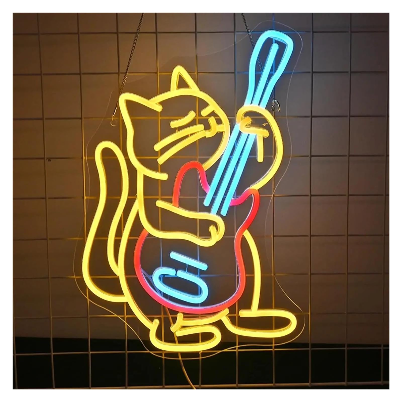 LED néon signe Panneau Néon Led Avec Guitare Et Chat, Alimenté Par USB, Lumière Variable, Pour Décoration De Chambre À Coucher, Magasin, Bar Musical, Fête, 38.5cmX30cm