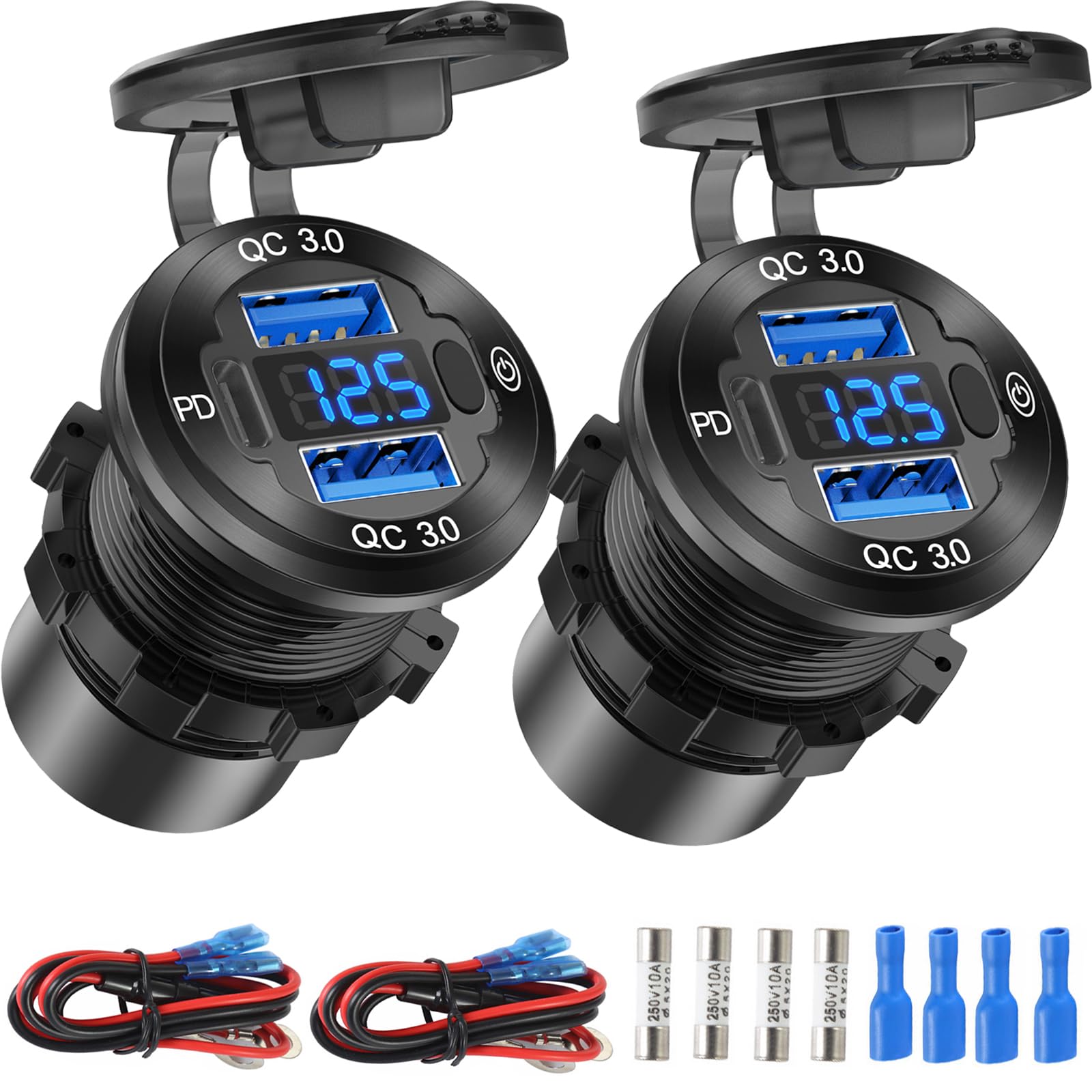 2 Pack 12V USB Outlet Wire Aluminum Car Charger Multi Port, Dual Quick Charge 3.0 Port and PD USB C Socket with Voltmeter Switch for Car Boat Marine