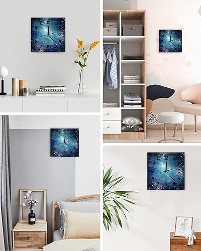 Miniatura 4 de Reloj de pared de madera con cielo estrellado, silencioso, sin tictac, color verde azulado, estrella, color azul marino, cuadrado, funciona con