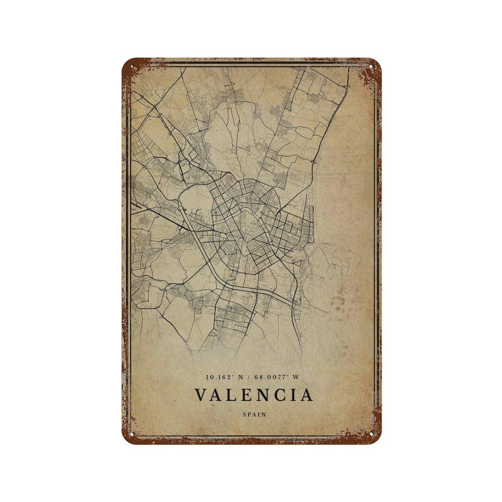 xiaoxiaoshen Valencia Vintage Map Print, Wall Decor Art Metal Tin Poster Modern Home Decor Art Home Bar Shop Decorations Vintage Sign 30x20cm