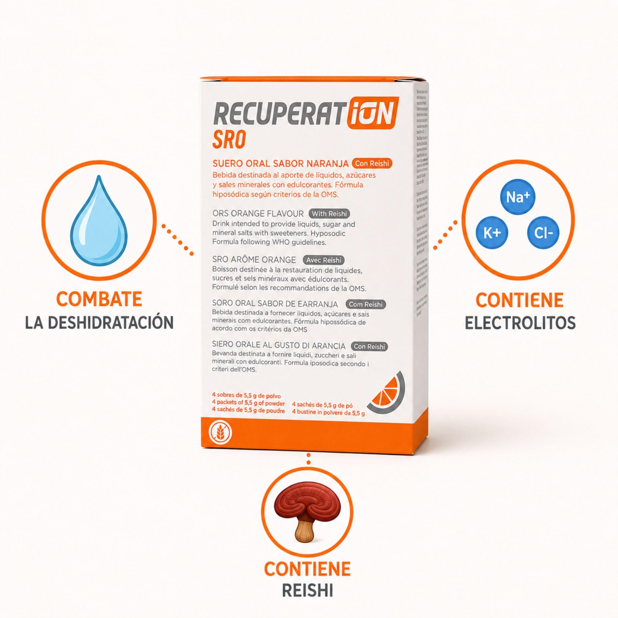 Suero Oral en Polvo con Reishi y Prebiótico para Gastroenteritis y Vómitos Rehidratación Oral Niños y Adultos Sabor Naranja Sin Gluten Ni Lactosa Pack 4 Sobres Apto Veganos | RECUPERATION