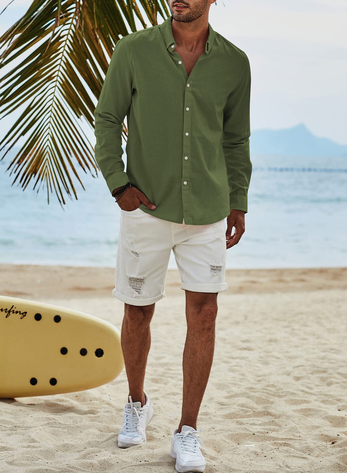 Elegancity Camicia Lino Uomo Manica Lunga Elegante Camicia Uomo Casual con Bottoni Cotone Regular Fit con Bottoni Tinta Unita