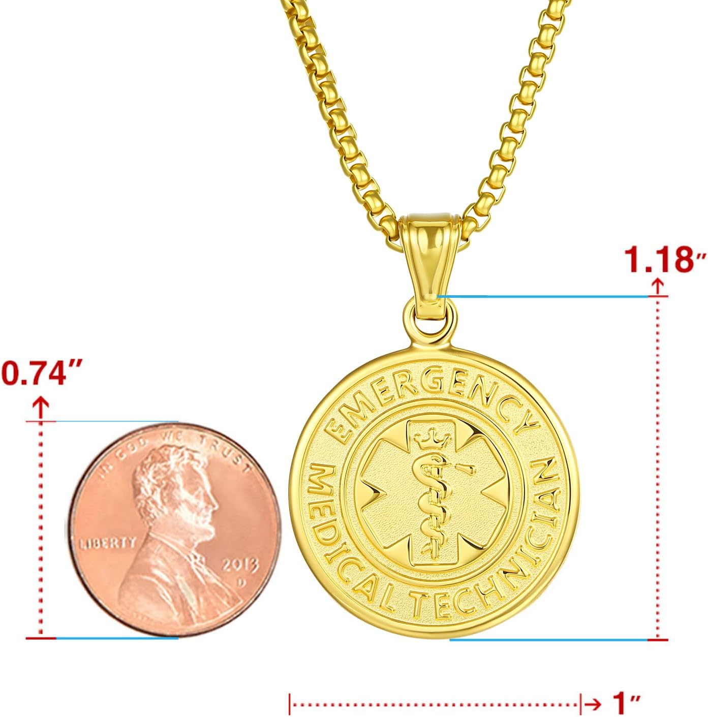 Divoti Round Medal-Style EMT Charm Pendant Necklace for Women | Hypoallergenic 316L Stainless Steel Star | Emergency Medical Alert ID Technician Jewelry | 24" PVD Gold Fancy Box Chain & Responders