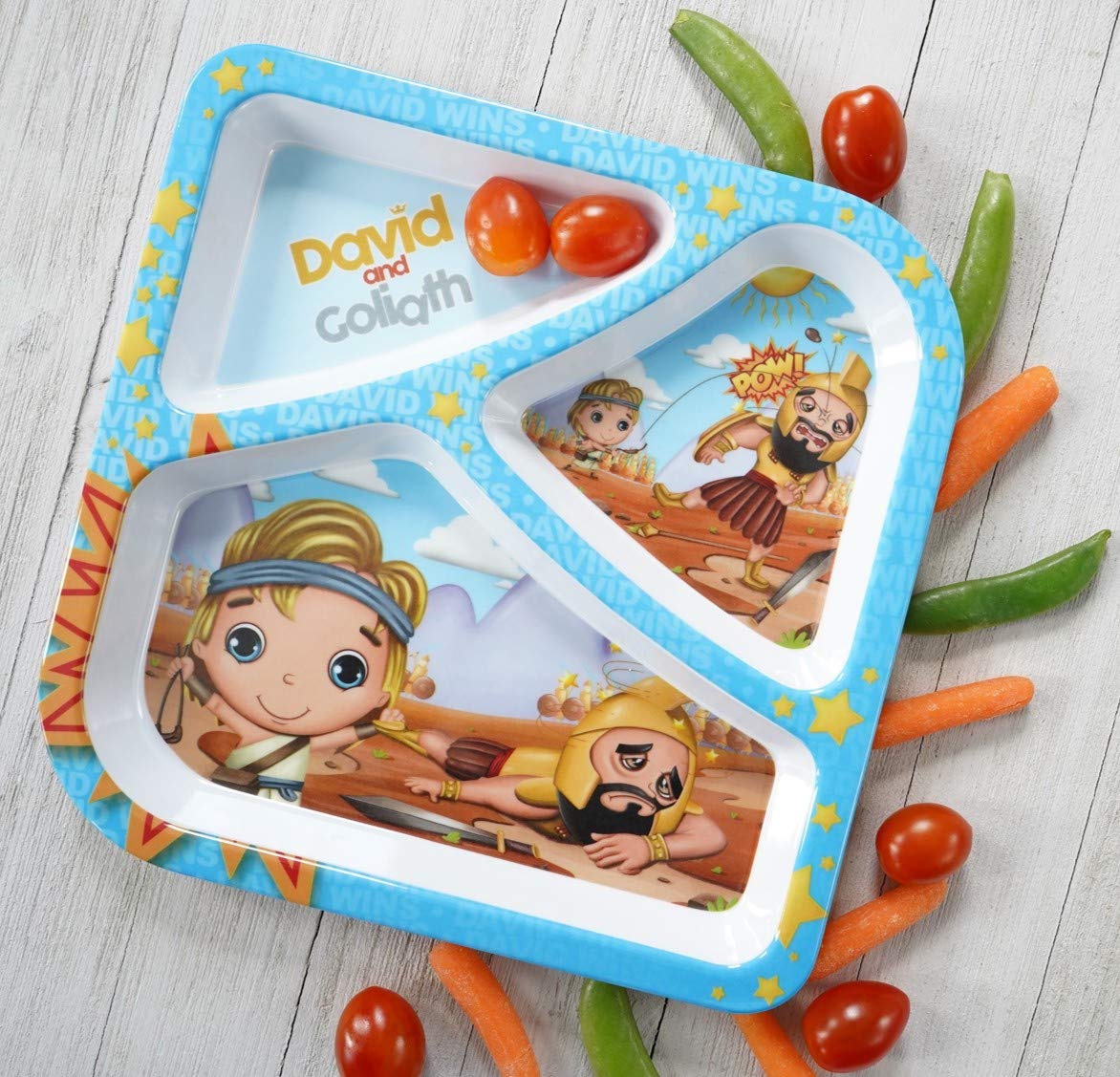 He Loves Me Kids Feeding David and Goliath 3 Piece Sets Toddler Dishes Multicolor, BPA Free, Kids Dinnerware Includes Round Bowl, Divided Plate and Children’s Cup Gift for Birthdays & Graduations