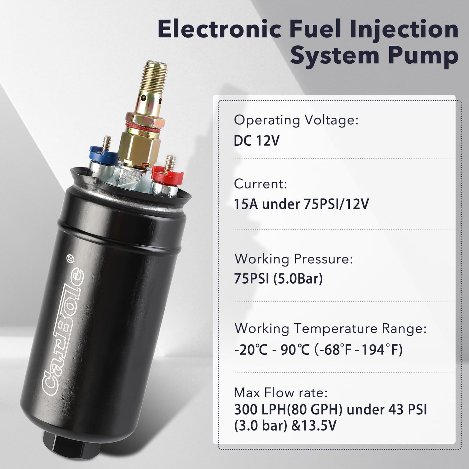 CarBole External Inline Fuel Pump 300LPH High Flow 12V