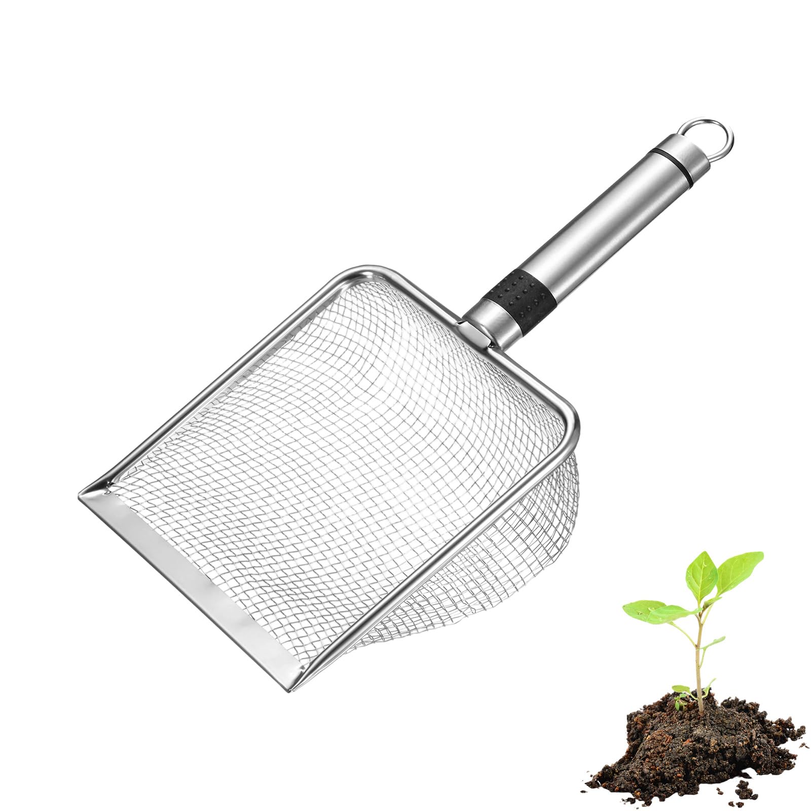 M METERXITY 1-Pack Gardening Soil Sifter, 3.8 mm Mesh Stainless Steel Sand Soil Compost Sieve with Stainless Steel Handle for Sand/Dirt/Rock Compost, Screen Potting Scoop [Silver Tone]