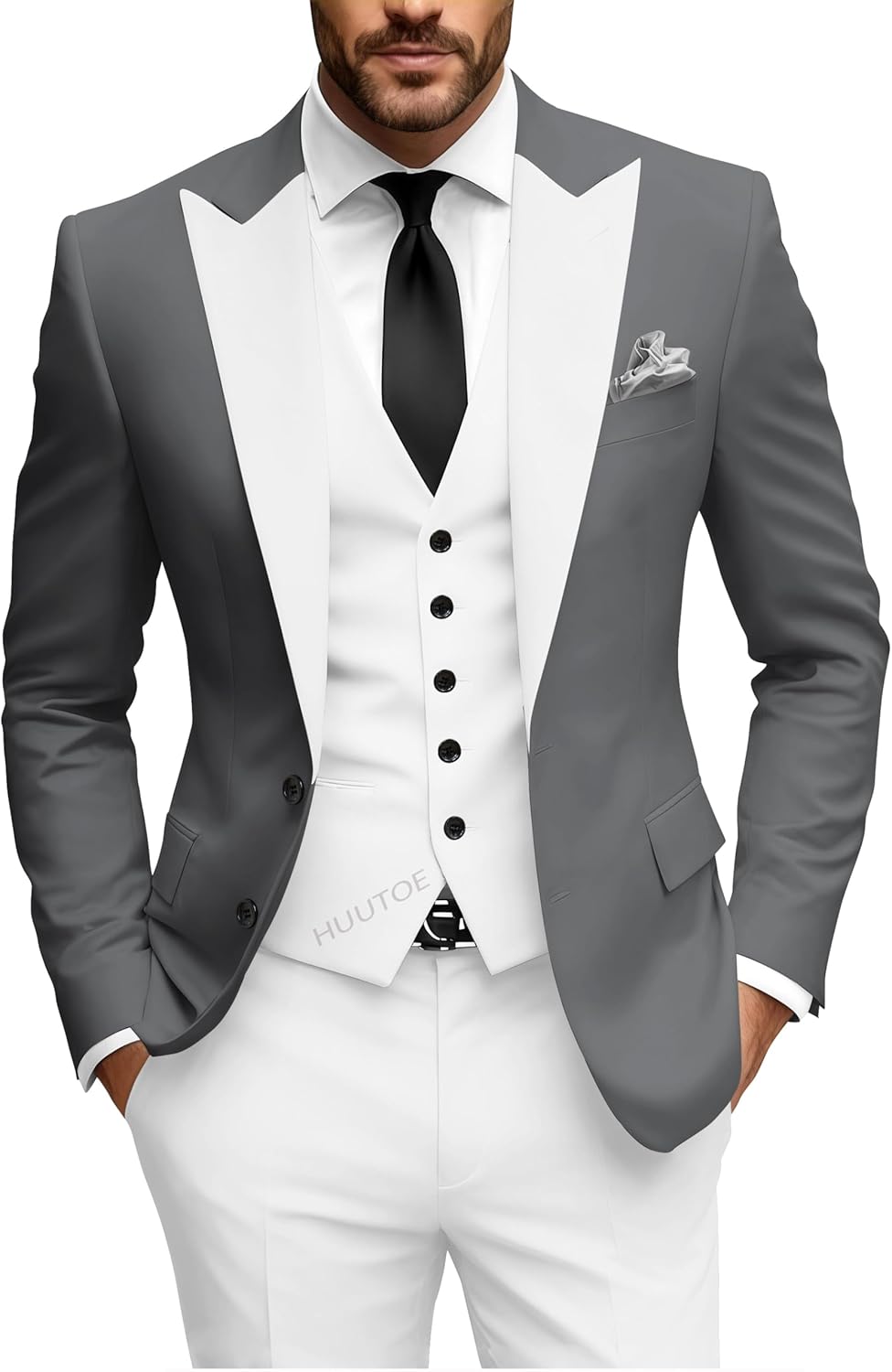HUUTOE 3 Piece White Tuxedo for Men Slim Fit Mens Classic Suit Set Prom Grey + White Tuxedo Wedding Groom Grey Suits Blazer Dress Vest Pants-Trajes de Hombre 5XL Wedding