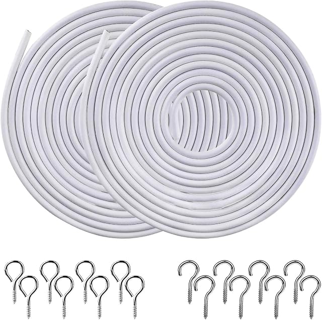 [2 Pack] Net Curtain Wire 3 Metres Long with 4 pairs of Screw Eyes and Hooks by Pinowu (Total 6 Meters)