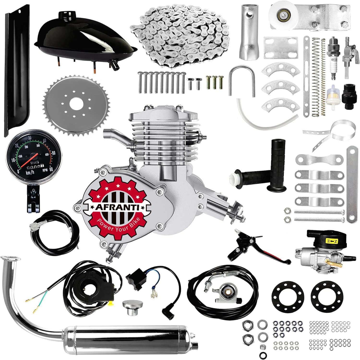 Afranti Bicycle Motor Kit 80cc, Motorized Bicycle Engine Kit 2 Stroke Petrol Gas Motor Engine Kit Fits Most 26" or 28" Bikes with V-Frame