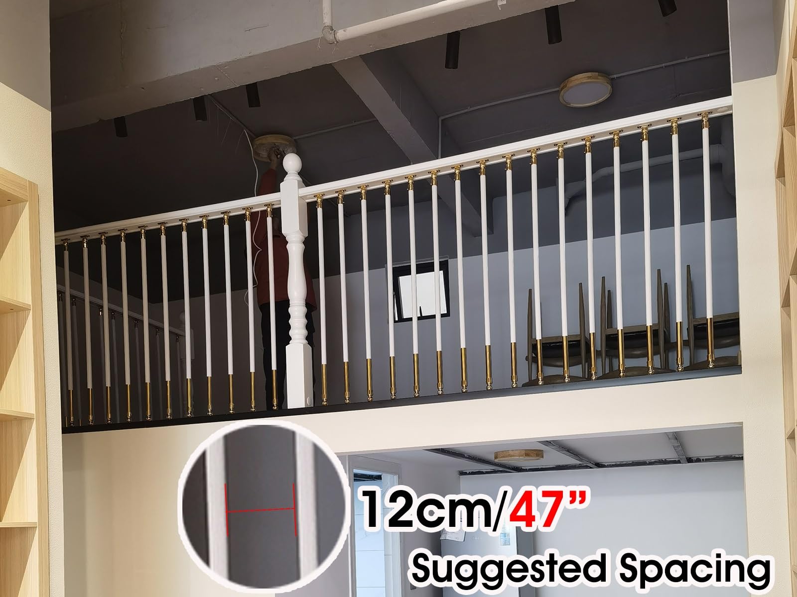 Strona główna Wille Schody na poddaszu Tralki Wrzeciona 37,4 ", Schody wewnętrzne na zewnątrz Okrągły słupek balustrady balustrady z płaskimi regulowanymi wspornikami, złoty(Black,8 Pcs)