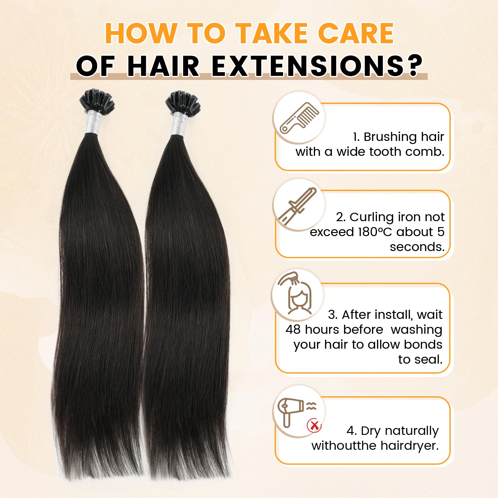 Yuniffe U Tip Hair Extensions - Real Human Remy Straight Hair, Hot Fusion Nail Tip Keratin Extensions, Off Black, 20 Inch, 50g/50s - Image 4