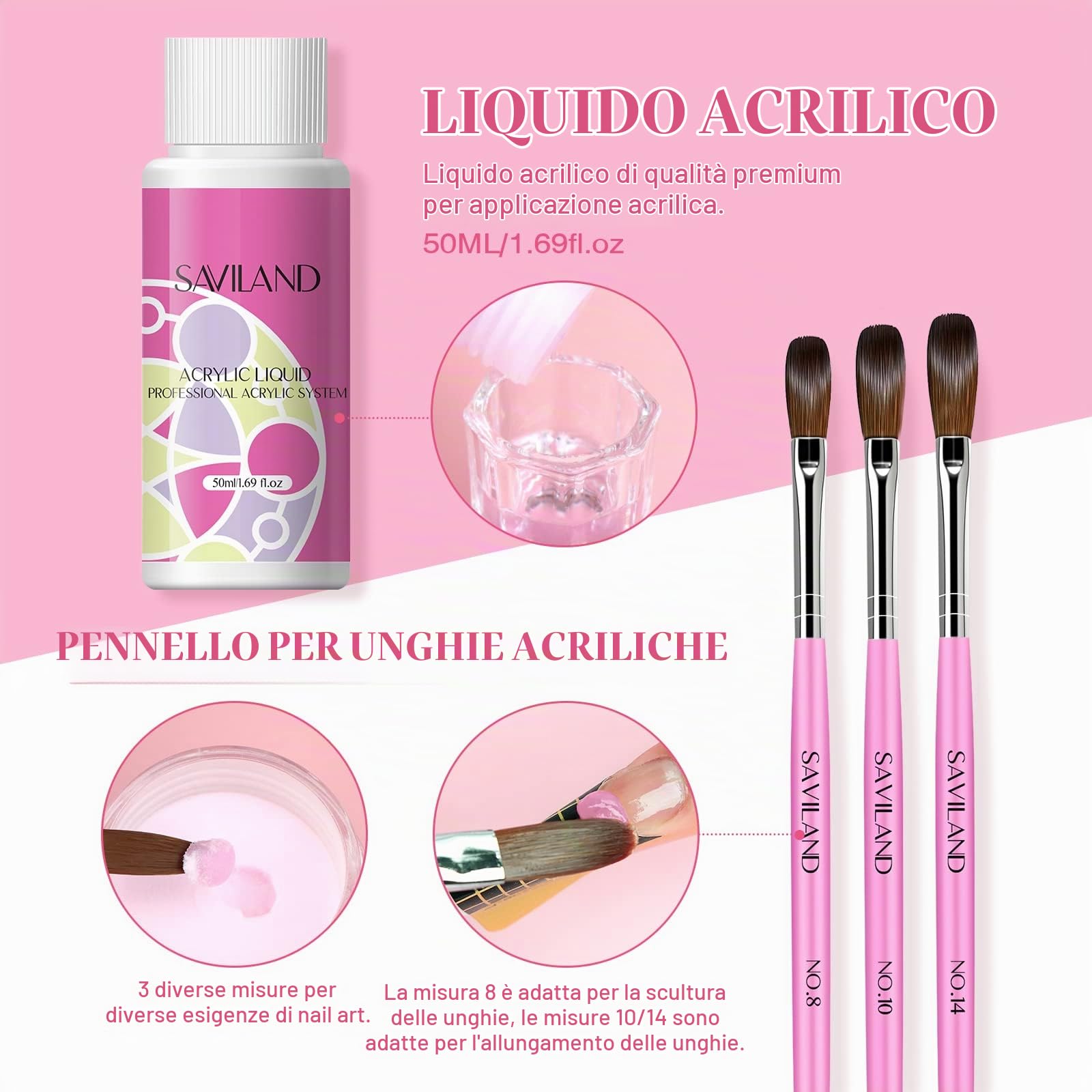 Saviland Kit Per Unghie Acriliche Per Principianti: Polvere Acrilica Rosa/Bianco/Trasparente Pennello Per Unghie Liquido Acrilico Trapano Elettrico Per Unghie Primer Per Unghie Top Gel Kit Per Unghie