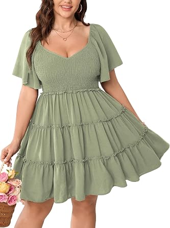 SHESTARR Plus Size Smocked Babydoll Mini Dress Short Sleeves A-line Tiered | Sweetheart Neckline, Summer Casual, High-Waisted, Short Swing Dresses, for Curvy Women