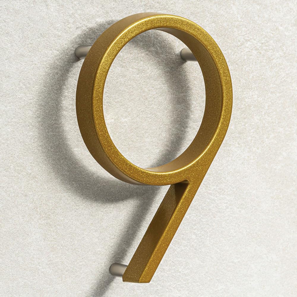 House Signs Direct | Modern Floating 3D Gold Metal House Numbers 5 Inch | Stylish Front Door Numbers with Waterproof Zinc Alloy Finish | Easy Install Door Number Sign for Wall or Gate - Number 9