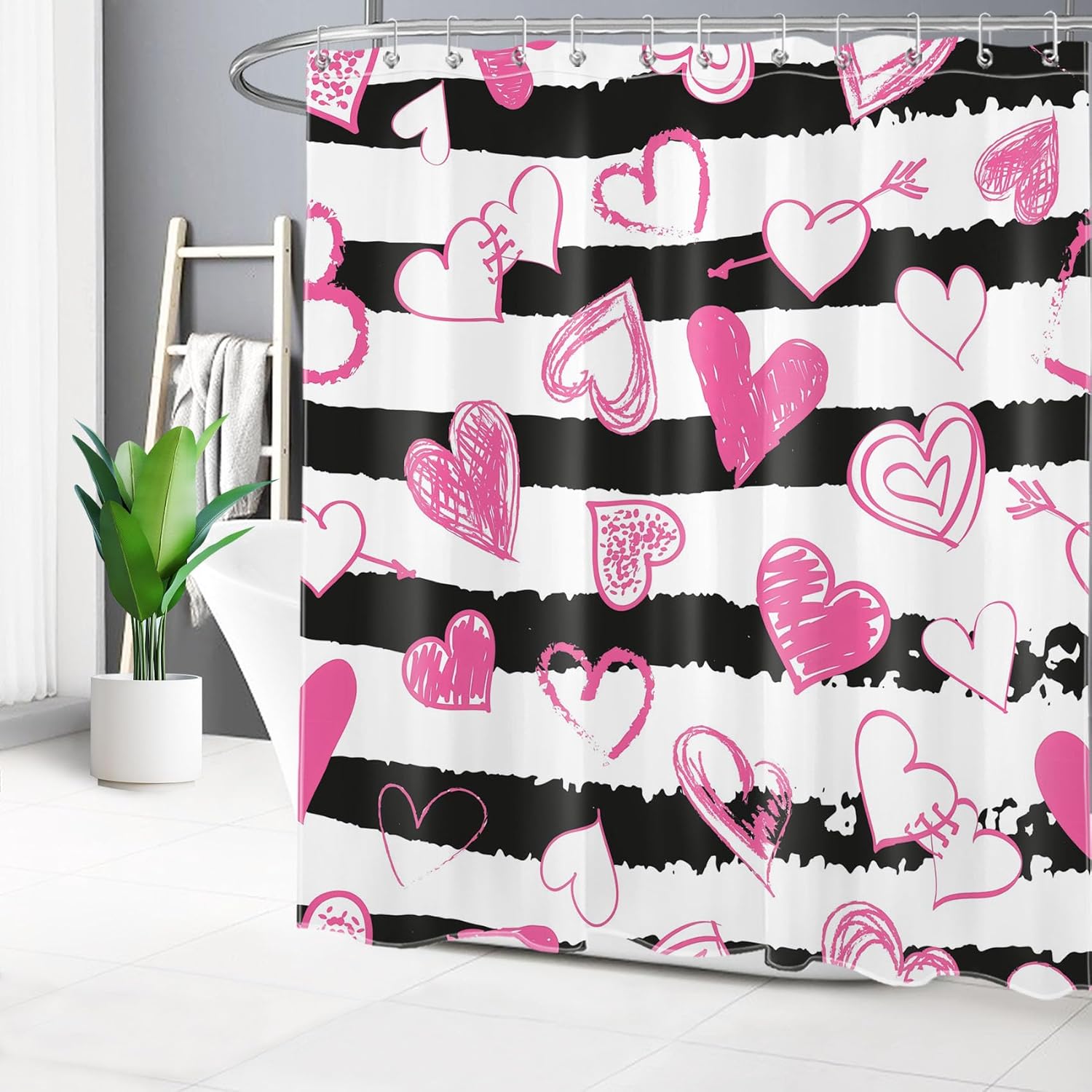 Black and White Striped Shower Curtain Sets with Rugs,Falling Pink Heart on Striped Abstract Shower Curtain Valentine's Day Polyester Fabric Bathroom Curtain Shower Set,70L X 70W inches