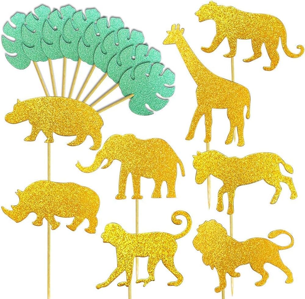 ALISSAR 40-pack Glitter Safari Jungle Animal Cupcake Toppers with Leaves, Safari Jungle Theme Baby Shower Party Cake Food Decoration Supplies - Image 8