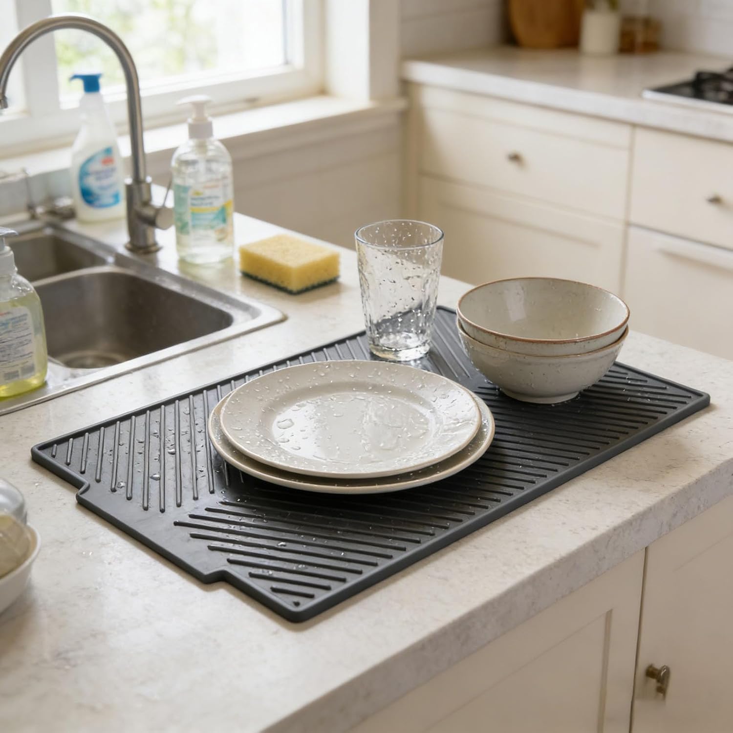 Silicone Dish Drying Mat 15.4"x10" Grey - Non-Slip with Built-in Drain, Heat Resistant Quick Dry Pad for Kitchen Counter (Gray - Small)