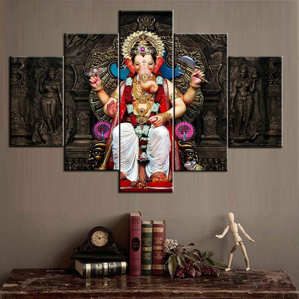 Big Rustic Wall Art Hinduism Religion 5 Piece Canvas Ganesh Cultural Pictures for Living Room Artwork Modern Paintings Home Decor Wooden Framed Gallery-wrapped Stretched Ready to Hang(60''Wx40''H)