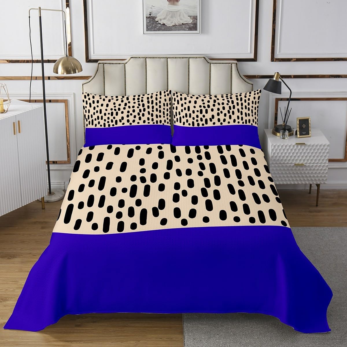 Erosebridal Modern Abstract Quilt Set for Kids Adults Women, Dark Blue Beige Queen Bedspread Set 3 Pieces, Boho Polka Dots Design Coverlet Set All Season, Minimalist Geometric Pattern Bed Set