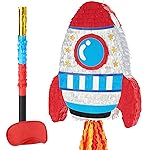 WERNNSAI Rocket Piata - Rocket Ship Pinata Bundle with Blindfold and Bat Space Birthday Party Decoration for Boys Kids Family Games Piata Space Ship Theme Party Supplies
