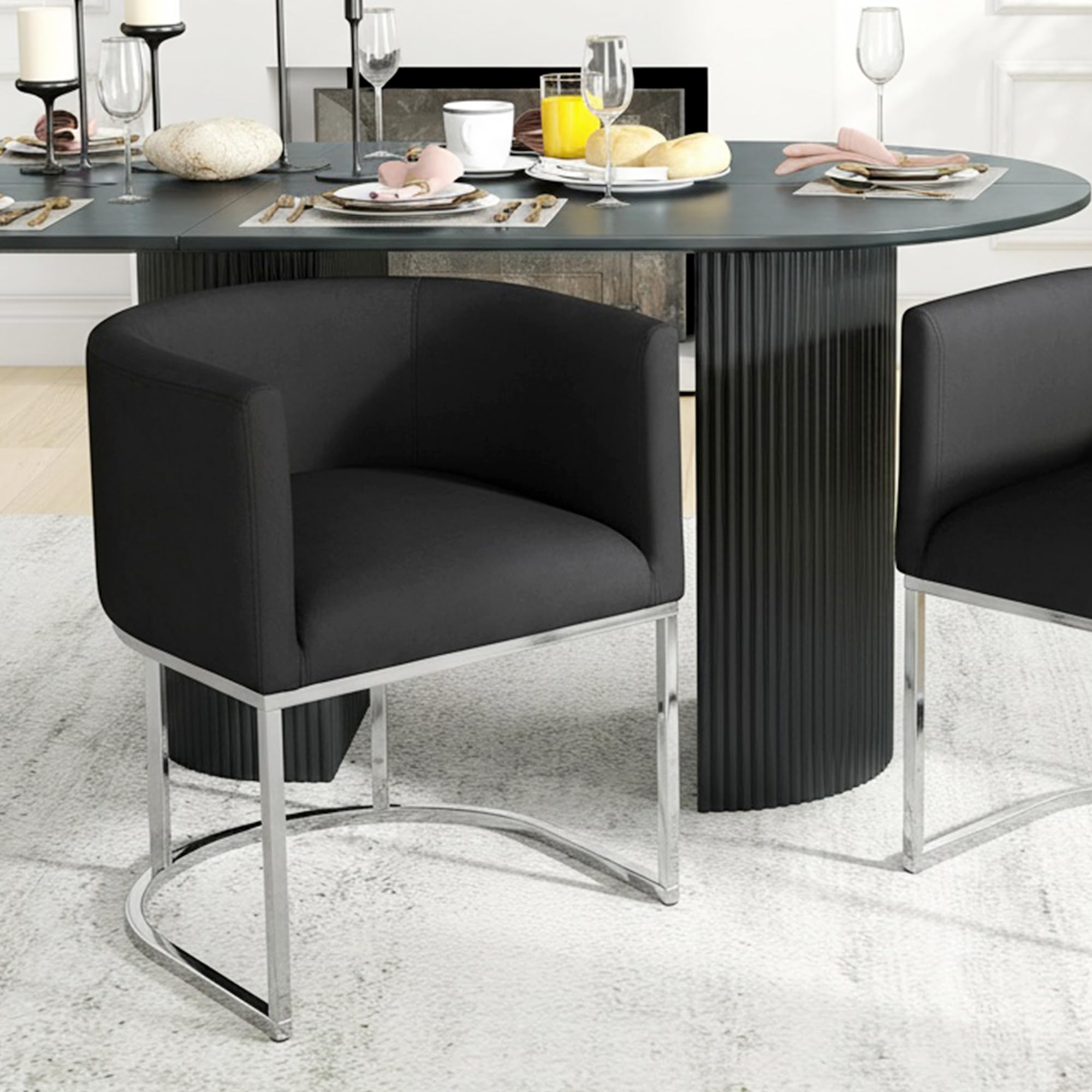 HNY Mid Century Modern Upholstered Barrel Dining Chair with Arms, Velvet Kitchen &amp; Dining Room Chair, 18.5" Wide Accent Chair for Dining Room Living Room with Chrome Metal Frame, Black