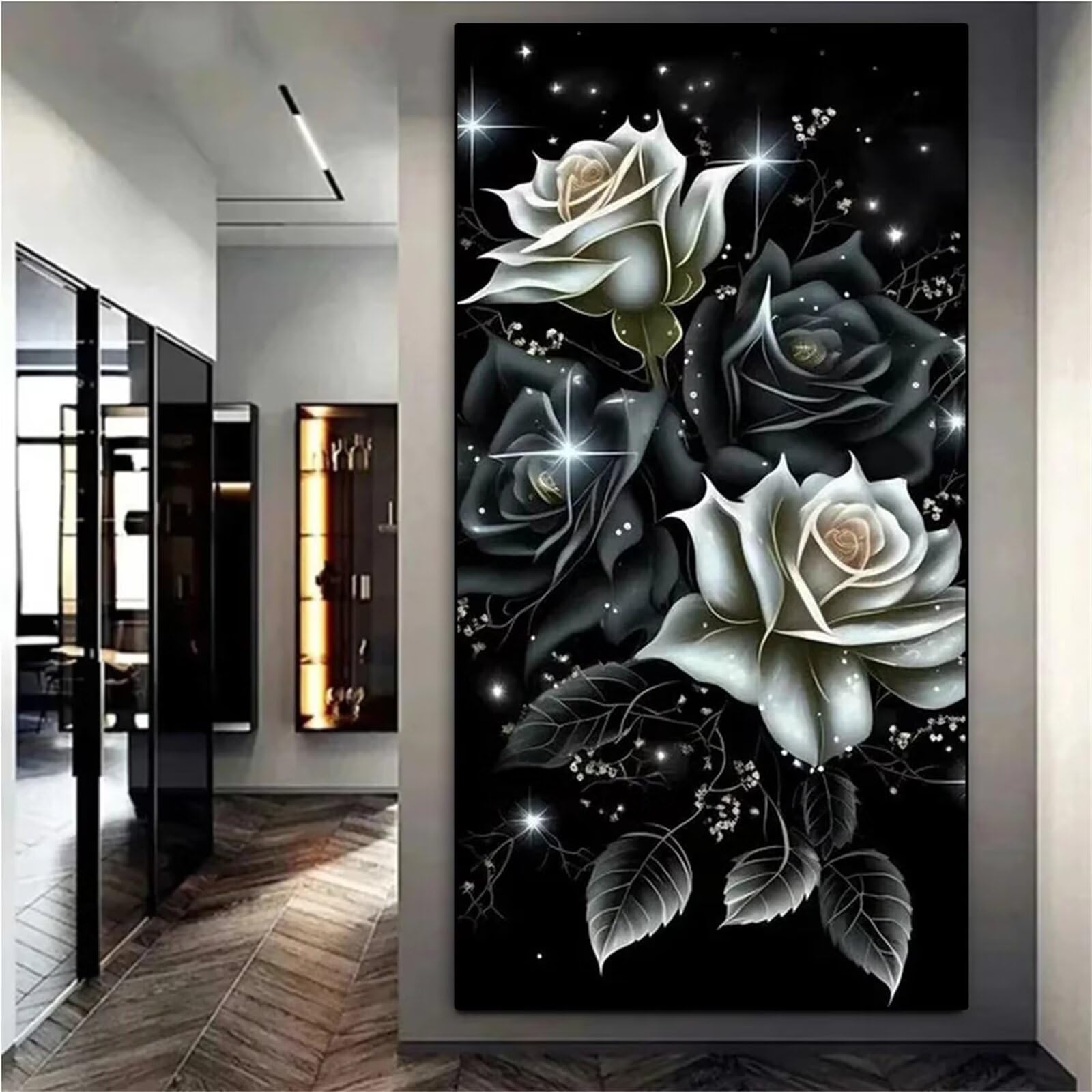 Jinmer 5D Diamond Art Painting,Large Black White Roses Diamond Painting Kits for Adults DIY Full Round Drill Rhinestone Embroidery Cross Stitch Diamond Art Craft for Home Wall Decor 16x32 in