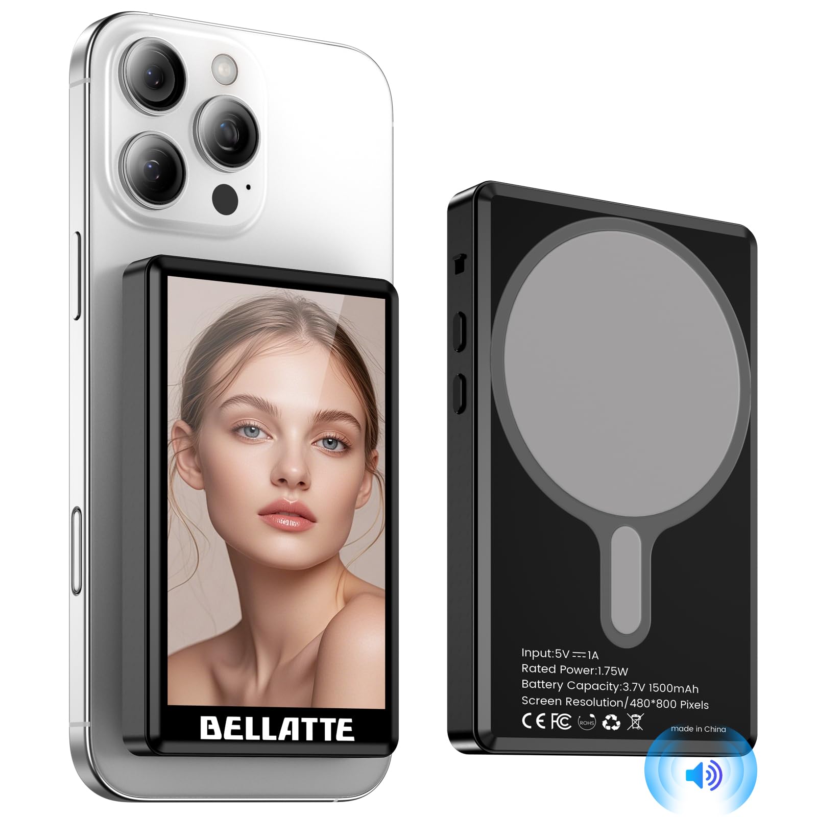 Vlog Selfie Monitor Schermo per iPhone & Android, Registrazione 4K 30fps, mirroring dello Schermo Wireless, Altoparlante Integrato, Supporto Magnetico e Telecomando per Vlogging, Live