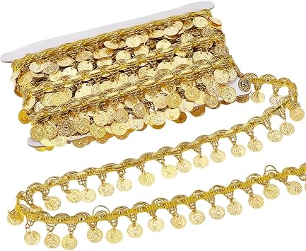 AHANDMAKER 10 Yards Gold Coin Shape Sequin Tassel Trim, 1.42 Inch Width Sequins Fringe Coin Trim, Belly Dance Tassel Trims Hip Scarf for DIY Sewing Clothing Lampshade Curtain Home Decoration