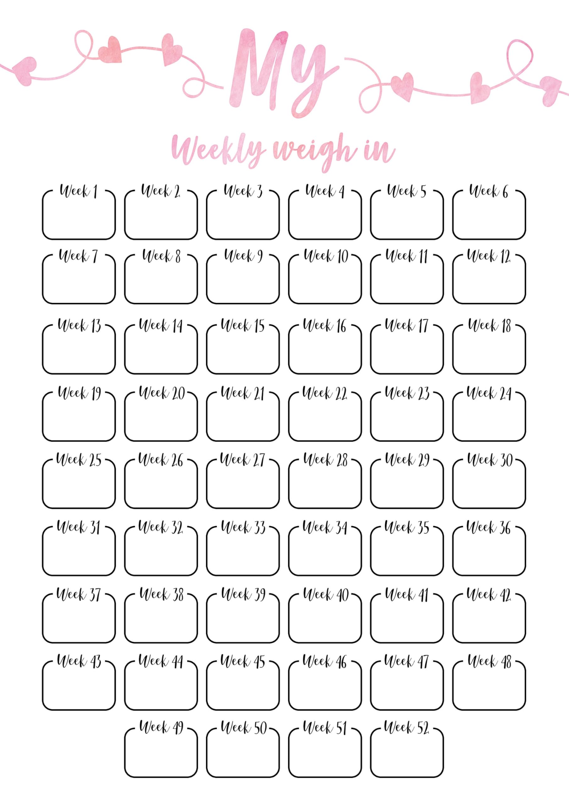 52 Week Annual Weight Loss Tracker Print, Weekly Weigh In Chart for Yearly Progress, A4 or A5 Size, Multiple Colour Options, Optional Lamination